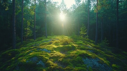 Obraz premium Coniferous forest with the ground covered with moss in the light of the summer sun