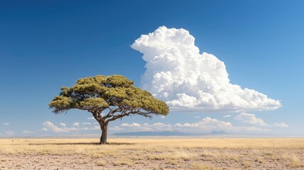 Lone tree in savanna under cumulus cloud, sunny day