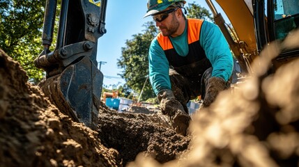 A close-up portrait of an excavator operator maneuvering the machine to dig trenches on a utility installation site, Excavation site scene, Operational and trenching style