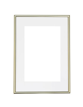 Realistic thin photo frame mockup. Simple, clean portrait large a3, a4 golden frame mock-up isolated on white background. Modern, minimal poster template. Vertical mount picture poster frame object 