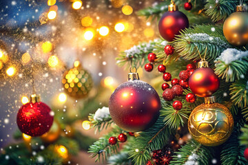 Christmas tree ornaments, lights, snow.