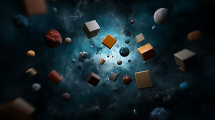 Colorful 3D cubes and spheres floating in space