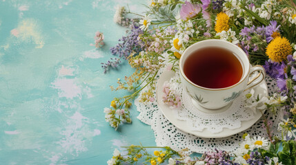 Vintage Teacup Filled with Black Tea on a Lace Doily Surrounded by Wildflowers with Space for Text on a Muted Pastel Background, copy space