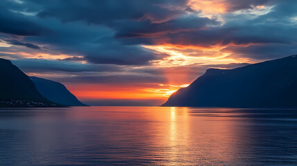 Majestic sunset over fjord with vibrant sky colors. Sunset Fjord. Illustration