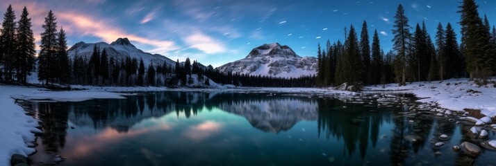Fototapeta premium Serene winter twilight over a tranquil alpine lake with snow-covered mountains. Generative AI