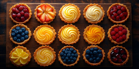 Savoring the sweetness of fruit and vanilla cream tarts displayed on an antique wooden board