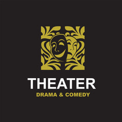 golden icon of comedy and tragedy theatrical masks isolated on black background