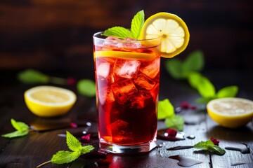 Refreshing summer beverage garnished with lemon and mint on a wooden table. Generative AI