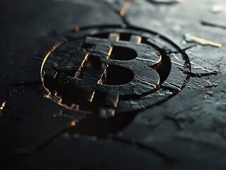 Close-up of a Bitcoin symbol carved into dark stone, symbolizing cryptocurrency's permanence and value.