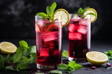 Refreshing berry drinks garnished with mint and lemon on a dark background. Generative AI