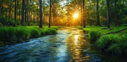 Fototapeta premium A serene view of a river winding through a lush grassland, surrounded by green trees and sparkling water, perfect for capturing the essence of peaceful forest park settings