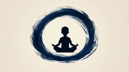 Silhouette of a boy sitting in a meditative pose, chaotic brushstrokes forming a halo-like effect, light neutral background, World ADHD Awareness Day banner, mental health theme