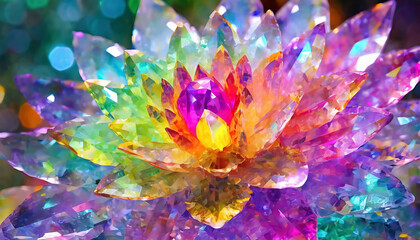 A vibrant, multicolored crystal lotus flower with intricate, translucent petals radiating a spectrum of colors, creating a mesmerizing and ethereal visual effect. Perfect for beauty, and nature.