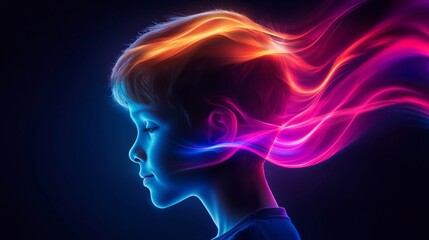 Silhouette of a thoughtful boy encased in vivid abstract textures, balanced with muted tones, horizontal banner for ADHD Awareness Day, mental health focus
