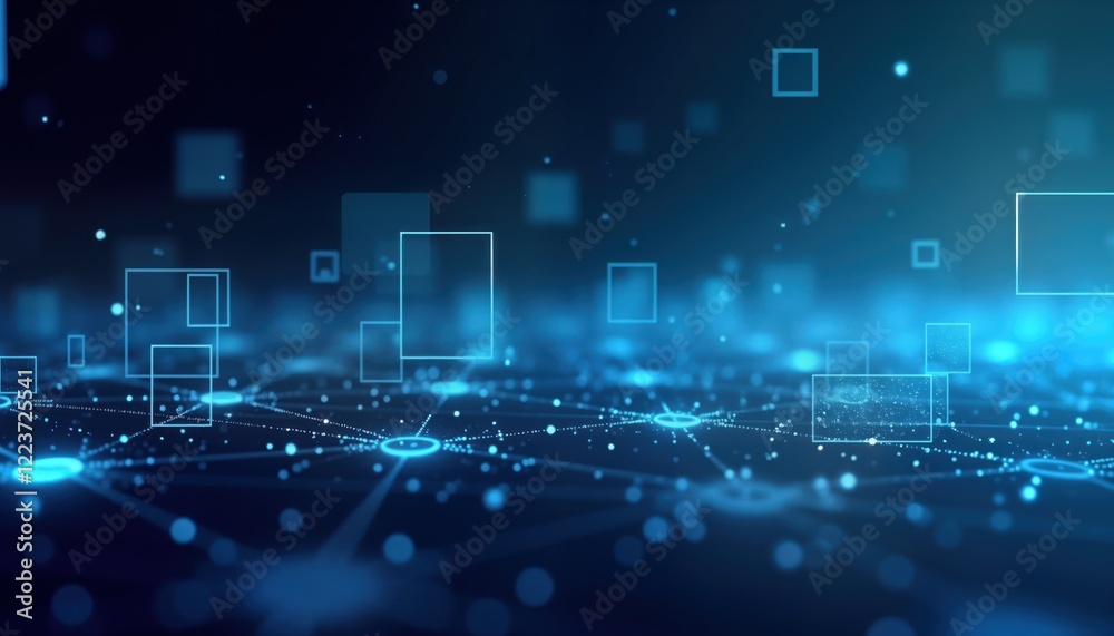 Aufkleber Abstract vibrant blue digital background shows interconnected network. Stylish dynamic design with squares, circles. Modern, creative layout for presentations web design. Trendy visual concept for