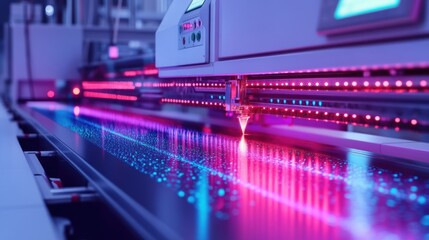 Fototapeta premium An edge device positioned near a large industrial printer with flashing indicators in vibrant colors. The printers components are highlighted emphasizing the connection between edge