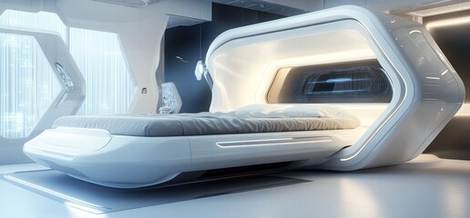 Fototapeta premium Futuristic Bedroom: Sleek, Modern, and Technologically Advanced Bed Design