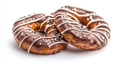 Soft pretzels with luscious chocolate drips, styled elegantly on a white background, highlighting snack and dessert indulgence themes