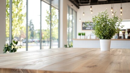 Obraz premium Empty wooden table in bright cafe, sunlight through windows, plants, background blurred. Product placement