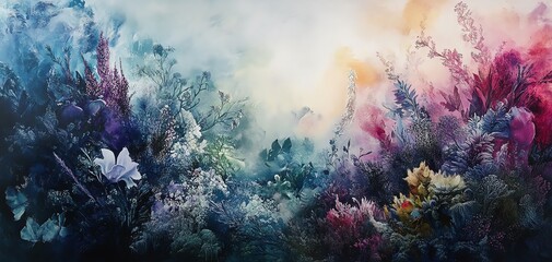 Obraz premium Ethereal watercolor landscape painting. Dreamlike garden with vibrant, colorful flowers and soft, misty background. Perfect for wall art, home decor, and meditation.