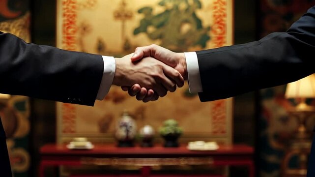 Two business professionals shaking hands in an elegant room with ornate decor and soft lighting