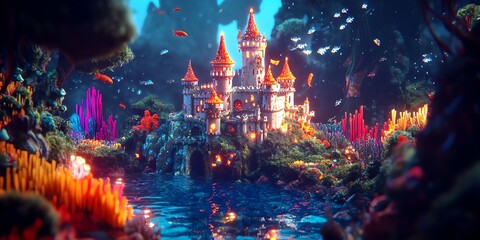 Naklejka premium Frontal view of a fantastical underwater castle surrounded by luminous coral reefs