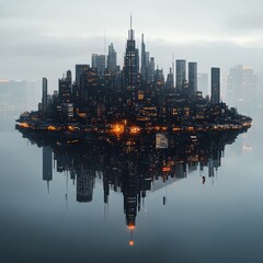 Naklejka premium Futuristic city island reflected in calm water at dawn. A digital art depiction of a modern metropolis on a secluded island.