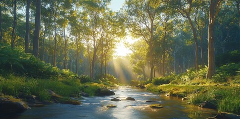 Calm imagery of a river meandering through a verdant landscape, dotted with green trees and pristine water, ideal for showcasing the tranquility of forest parks