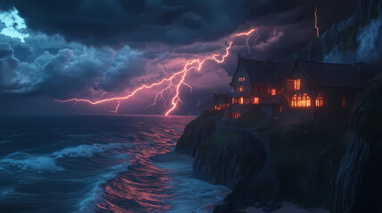 Fototapeta premium Forked lightning hitting ocean near coastal village, dramatic waves and dark sky, 3d illustration. Thunder Shore. Illustration