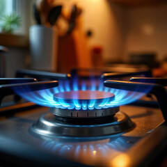 Close-up view of gas stove burner with bright blue flames. Domestic kitchen appliance. Gas energy source. Heat and cooking. Modern stove. Lighting. Bright. Home cooking.