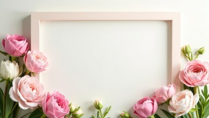 A pink frame surrounds a blank white space, adorned with pink and white roses. Concept of: Floral backdrop.