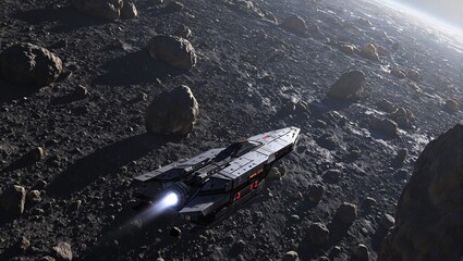 Obraz premium Futuristic spaceship navigating asteroid field blazing trail of exhaust towards mining colony
