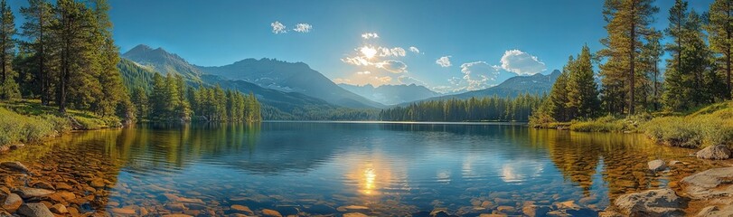 Naklejka premium Panoramic View of Buntzen Lake surrounded by Canadian Mountain Landscape
