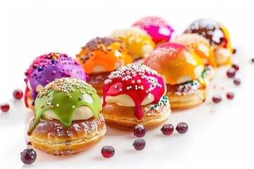 A colorful array of freshly baked donuts topped with vibrant icing and sprinkles at a dessert studio isolated on transparent background