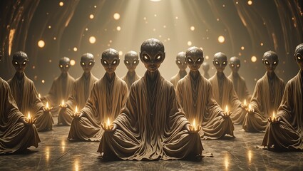 Peaceful aliens meditating in glowing temple with floating orbs