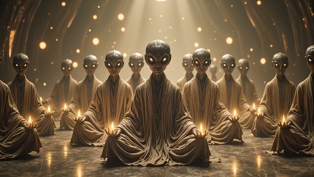 Peaceful aliens meditating in glowing temple with floating orbs