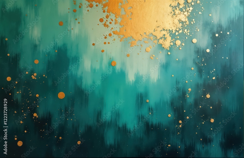 Aufkleber abstract painting with teal, gold tones. layered colors create dynamic effect. metallic gold leaf ad