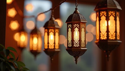 Vibrant Outdoor Scene Illuminated by Intricately Designed Lanterns in Ramadan-Affiliated Decor
