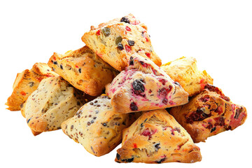A delightful assortment of freshly baked fruit scones stacked artistically on a bright background ready for tea time enjoyment isolated on transparent background