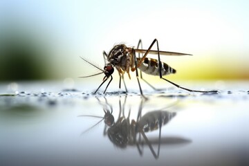 Fototapeta premium Close-up of a mosquito exploring water droplets in early morning light. Generative AI