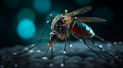 Fototapeta premium Close-up view of a mosquito feeding on a dewdrop under soft lighting. Generative AI