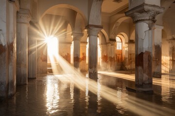 Obraz premium Sunlight streams through ancient columns in a flooded hall of dreams. Generative AI
