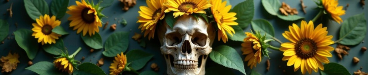 Obraz premium Skull with a wreath made of sunflowers and leaves, nature, sunflower