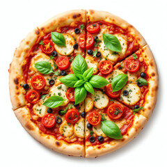 A mouthwatering vegetarian pizza topped with fresh basil, melted cheese, and ripe tomatoes, perfectly isolated on a white background.