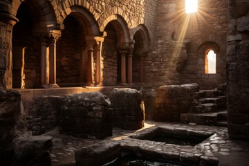 Obraz premium Mystical sunlight streaming through ancient stone arches at historic ruins. Generative AI