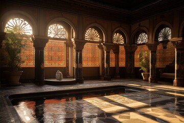 Obraz premium Serene indoor pool with stunning stained glass in a historic setting