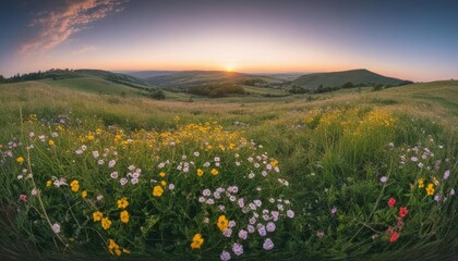 Fototapeta premium Sunset Glow and Blossoming Hills