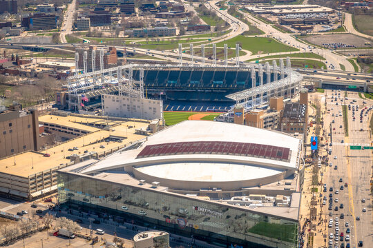 Two side by side stadiums in Cleveland, Ohio. Home to baseball's Guardians and the Cavaliers basketball team.
