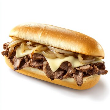 A classic Philly cheesesteak sandwich with thinly sliced beef, saut鑼卐d onions, and melted provolone cheese