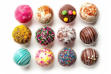 Fototapeta premium A delightful assortment of colorful cake balls arranged artfully on a white surface, showcasing vibrant sprinkles and various toppings isolated on transparent background